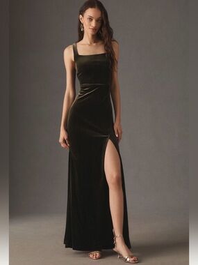 Anthropology | BHLDN Blake Square-Neck Stretch Velvet Maxi Dress, Olive Green XL
